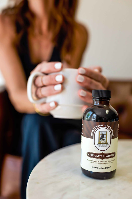 Chocolate Hazelnut sugar-free coffee flavoring bottle from As The Crow Flies Flavorings
