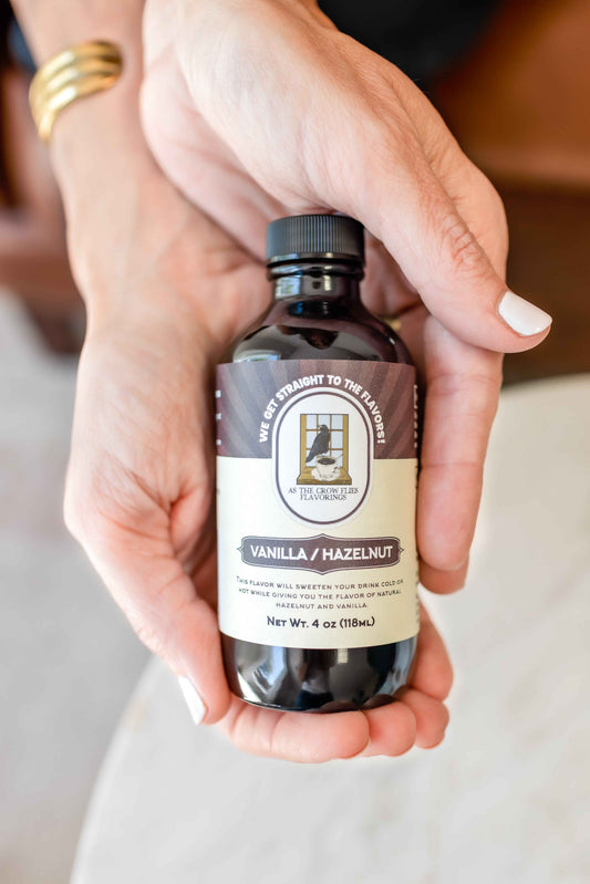 Vanilla Hazelnut sugar-free coffee flavoring bottle from As The Crow Flies Flavorings