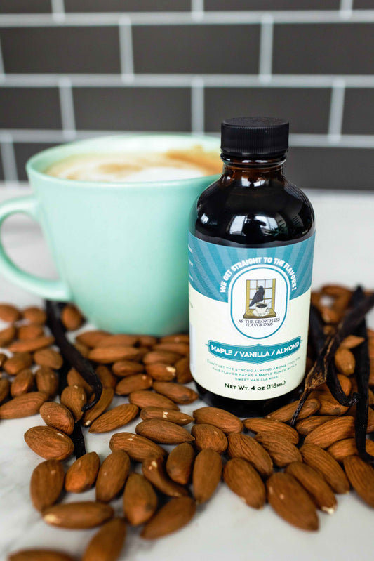 Maple Vanilla Almond sugar-free coffee flavoring bottle from As The Crow Flies Flavorings